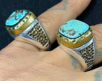 1950s 60s 70s Style Brutalist Mexican Biker Design Psychedelic Space Age Unisex Gold Silver Plated Large Raw Turquoise Stone SWS Of London
