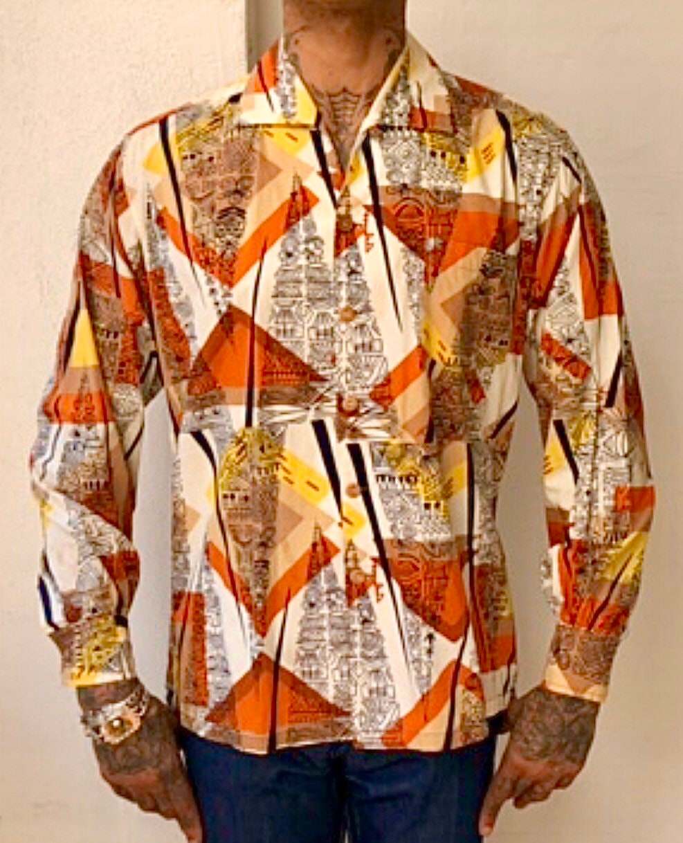 Image of Sale Absolutely Amazing 1950S Rare Kamehameha Abstract Atomic Tiki Shirt Size Large Excellent Condition