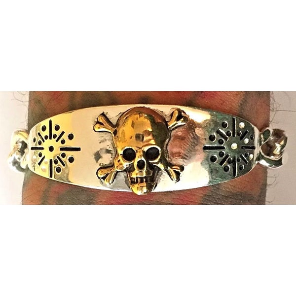 VENTE 1940s-50s Mexican Biker Skull 2-Tone Ajustable Unisex ID Military Bracelet militaire