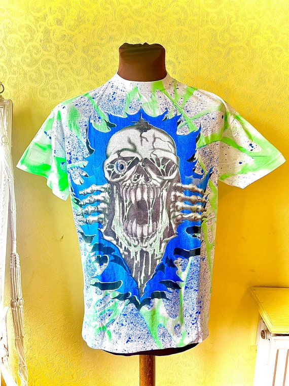 1980s 90s Medium/ Large Size AOP Print Skull Ripp… - image 1