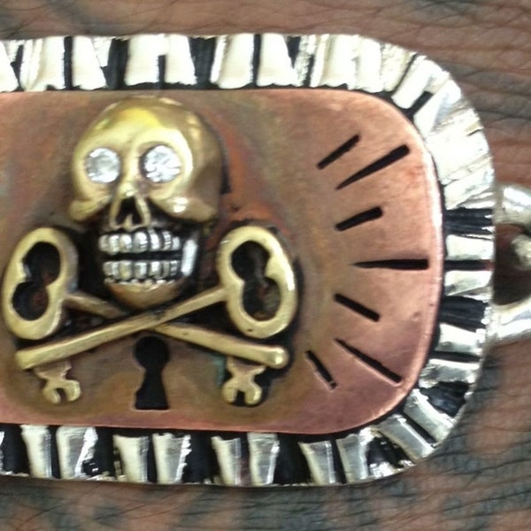 VENTE 1940s-1950 Mexican Biker Illuminati Skull Novelty ID Military Bracelet vintage Mexican Rockabilly