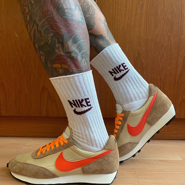 1970s-80s NIKE Socks Brown Spell Out Unworn Unisex 10” bottom Foot But Smaller Foot Will Come Up Higher Or Bigger Foot Lower On The Leg Calf