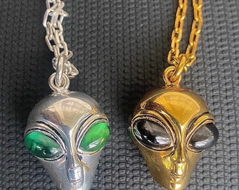 SWS Alien Design Vintage Style Heavy Double Sided Green & Black CZ Eyes “Either” In 925 Silver “OR” 24Kt “Plated” With Chain Choose Length