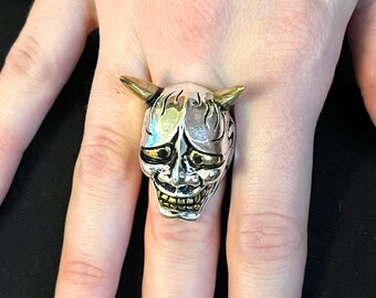 Vintage Tattoo Style Ozzy Hannya Devil Mask Ring Black Stone Eyes