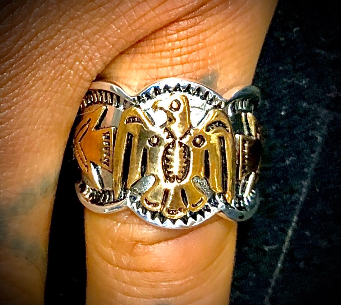 1930s-60’s Native American Style Thunderbird Band Mexican Biker Unisex 2-Tone Ring