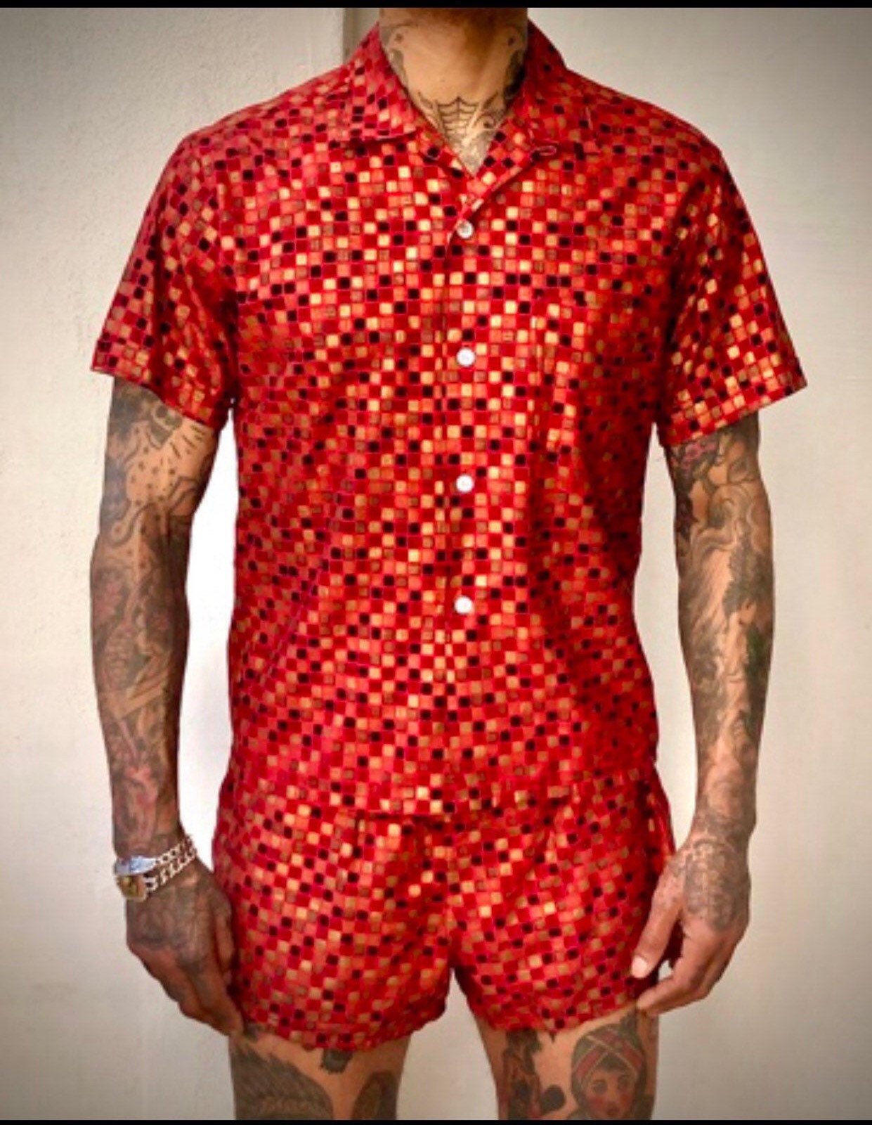 Image of Sale 1950S Men’S Crazy Atomic 2-Piece Summer Play/ Swim/ Hawaiian Outfit Size Ml To Lg/ Xl Excellent Vintage Condition