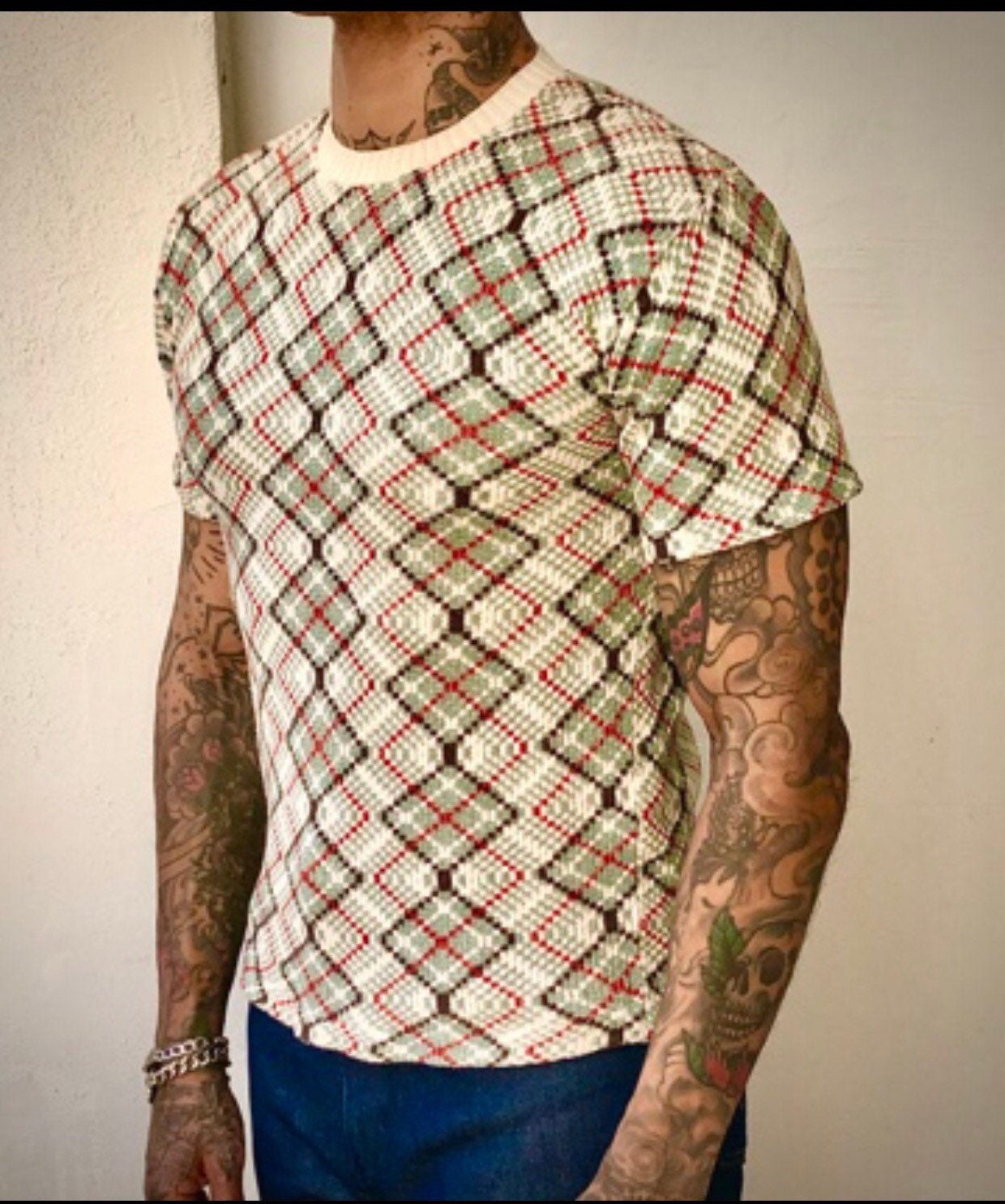 Image of Rare 1940S 50S Atomic Print Unisex Cable Knit Sport Tee Size Sm/ Med