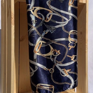 Navy Harness Print Satin Polyster Scarf | Head Scarf | Neck Scarf | Accessory | Bag Scarf | Long Rectangle | Gift