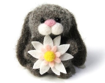 Needle Felted Bunny with Flower, Wool Rabbit Nursery Decor