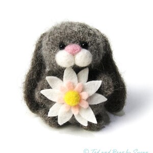 Felt Rabbit, Cute Needle Felted Bunny With Flower Eco Baby Gift, Nursery Ornament, Animal Lover Gift,  Shelf Decor, Bedroom Accessories