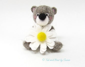 Needle Felted Miniature Bear with Flower, Woodland Decor