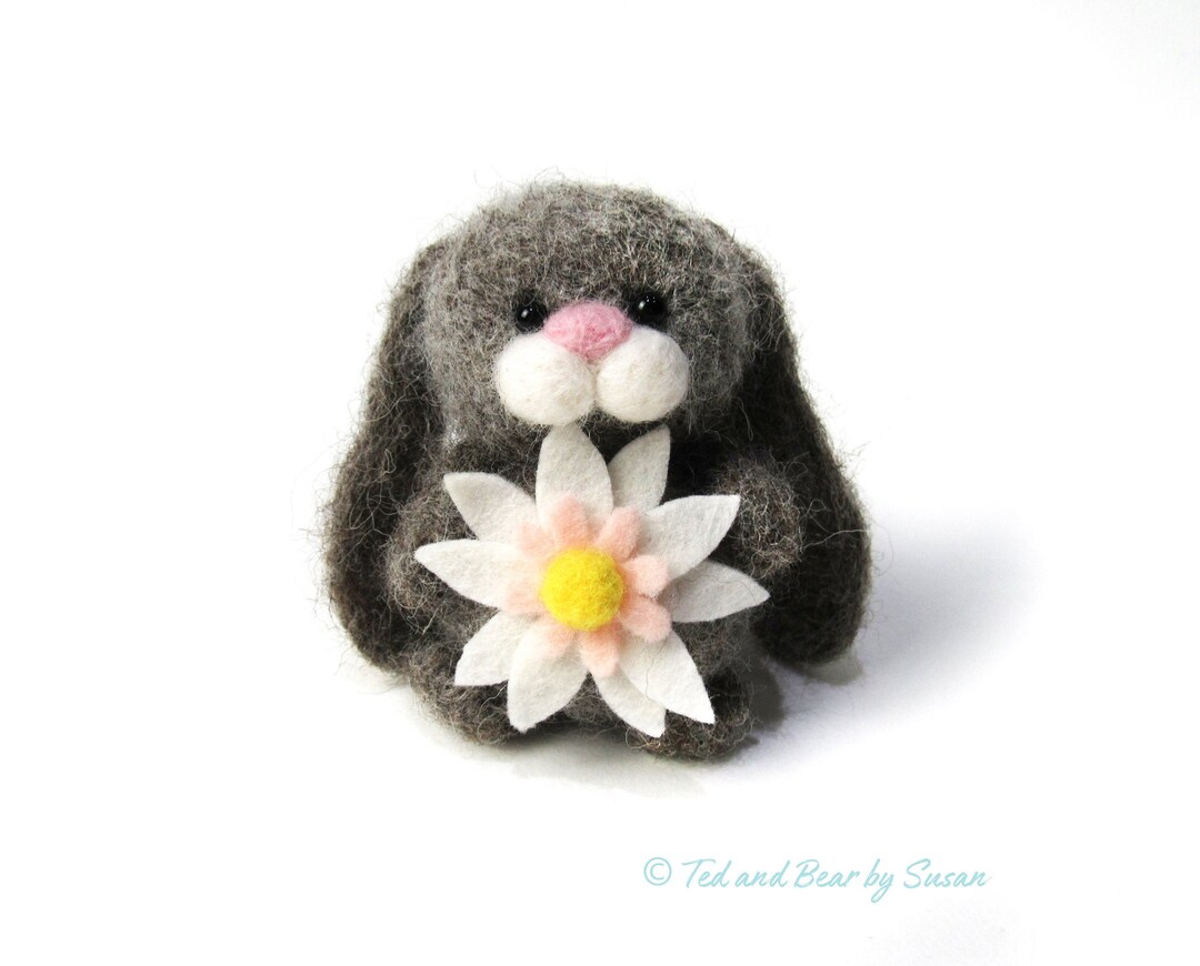 Needle Felted Bunny With Flower, Wool Rabbit Nursery Decor - Etsy