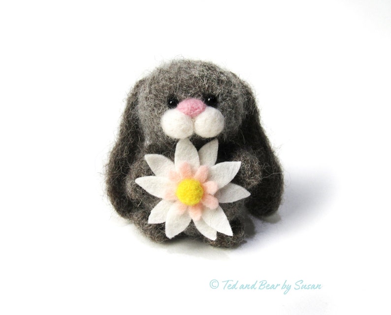 Needle Felted Bunny With Flower, Wool Rabbit Nursery Decor - Etsy