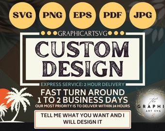 May include: A graphic design service advertisement with the text "CUSTOM DESIGN" in a vintage style font. The ad also includes the text "EXPRESS SERVICE: 2 HOUR DELIVERY", "FAST TURN AROUND 1 TO 2 BUSINESS DAYS", and "OUR MOST PRIORITY IS TO DELIVER WITHIN 24 HOURS". The ad also includes the text "TELL ME WHAT YOU WANT AND I WILL DESIGN IT".