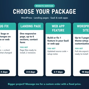 Four website service packages: bug fix, landing page, web app feature and WordPress website