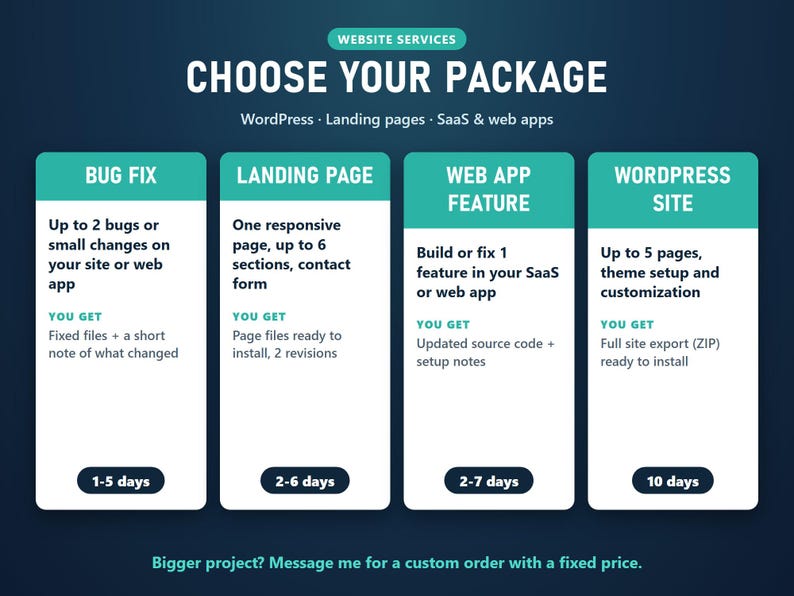 Four website service packages: bug fix, landing page, web app feature and WordPress website