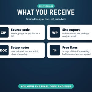 What you receive: source code ZIP, WordPress site export, setup notes and 14 days of free fixes