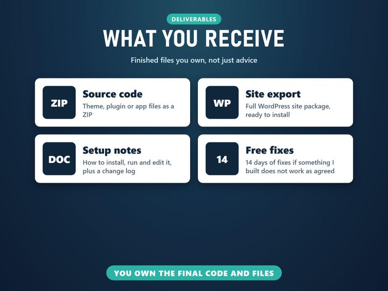 What you receive: source code ZIP, WordPress site export, setup notes and 14 days of free fixes