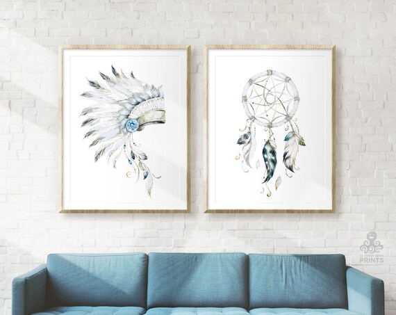 Set of 2 Chief Warbonnet & Dreamcatcher Blue Grey Watercolor | Etsy