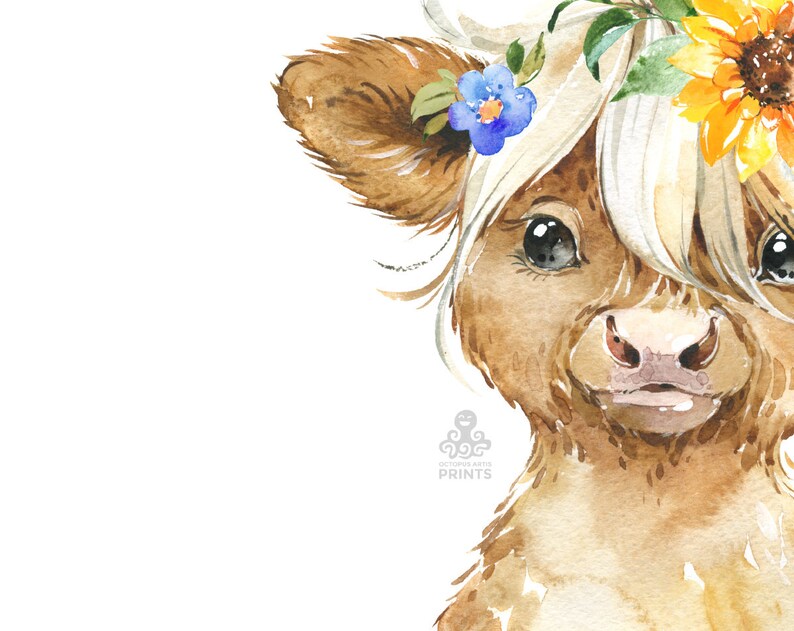 Set of 2. Highland Cow with Flowers Pumpkin. Watercolor Print | Etsy Set of 2. Highland Cow with Flowers Pumpkin. Watercolor Print | Etsy