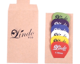 6 x Lindo Eco Plectrums | Recycled ABS | 0.58mm, 0.71mm, 0.81mm, 0.96mm, 1.2mm, 1.5mm Mixed Colours | Plastic-free Packaging | Eco-friendly