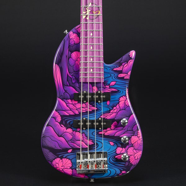 Lindo Kawa Electric Travel Bass Guitar | Japanese River Art | 3/4 Size | Luminlays | Five Elements Kanji Inlays | Designed in the UK