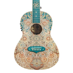 Lindo Sahara Parlor elektro-akoestische reisgitaar (short scale) 3/4 | Nautische sterinleg | Top 20e verjaardag grafische kunst | Brits ontwerp