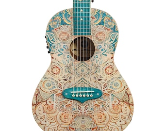 Lindo Sahara Parlor Electro Acoustic Travel Guitar (Short Scale) 3/4 | Nautical Star Inlay | Graphic Art Top  20th Anniversary | UK Design