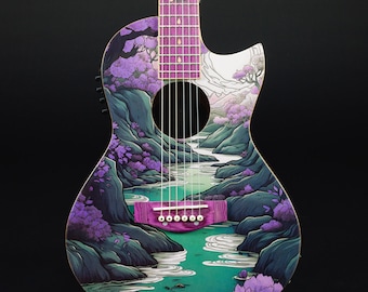 Lindo Ryokou Electro Acoustic Travel Guitar | Japanese Graphic Art | 3/4 Size | Luminlays | Five Elements Kanji Inlays | Designed in the UK