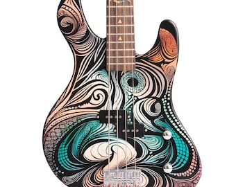May include: A black electric bass guitar with an intricate, colorful design. The body features swirling patterns in teal, orange, and white. The fretboard has a compass rose inlay. The bass has four strings and chrome hardware.