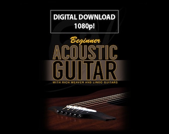 Może przedstawiać: Cyfrowy download kursu gry na gitarze akustycznej dla początkujących, z Rich Weaverem i Lindo Guitars. Obraz przedstawia zbliżenie mostka i strun gitary.