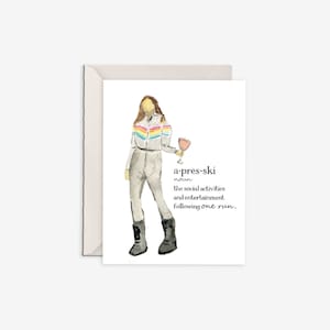 après ski, après ski, tarjeta de esquí, dichos divertidos de esquí, tarjetas de felicitación de invierno, tarjeta de nieve, traje de esquí para mujer