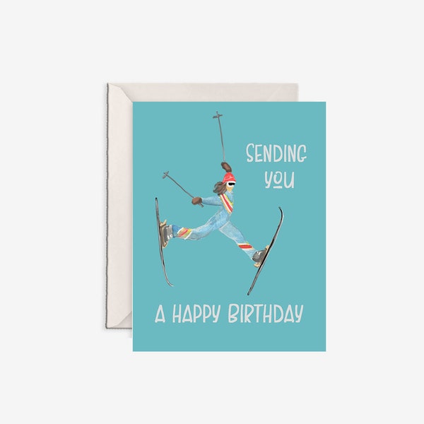 ski birthday, skiiers, birthday card, winter birthday card, ski birthday, send it