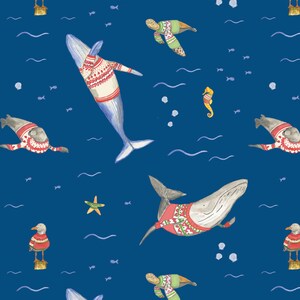 holiday sea animals, Coastal Christmas Gift Wrap, Ocean Wrapping Paper, Animals with sweaters, Ugly Sweater gift wrap image 2