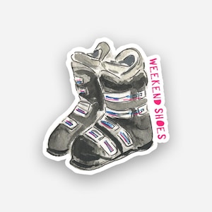 skiing sticker, ski boots, ski helmet sticker, mountain sticker, bumper sticker, laptop sticker, winter sports, winter sticker, water bottle
