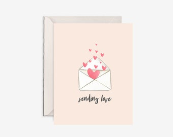 sending love, sending love card, thinking of you card, love mail, heart card, watercolor love, envelope card, condolence card