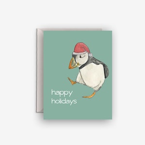 macareux, vacances macareux, imprimé macareux, vacances nature, bonnet de noel, carte macareux, vacances dans le maine, animaux de Noël, carte de voeux oiseau, jeu de cartes