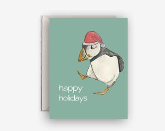 Puffin Christmas Card – Coastal Holiday Card – Maine Christmas Card – Single or Set of 6