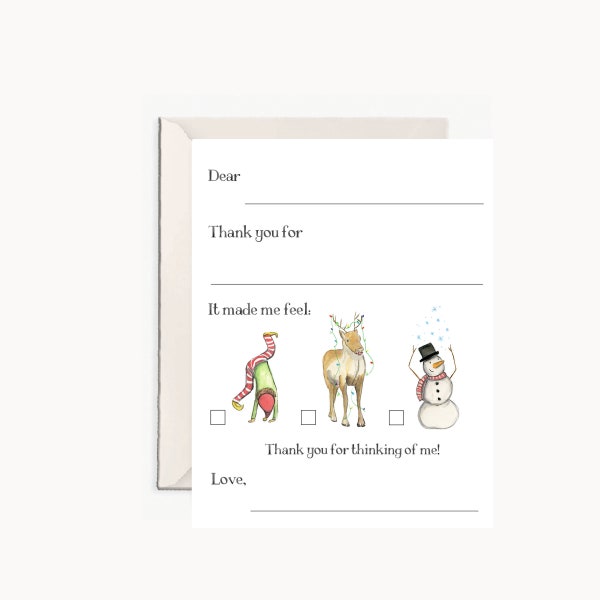 holiday thank yous, kids fill in thank you, kid thank you cards, easy fill in card, christmas thank yous