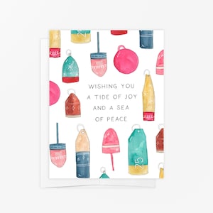 Caja de 8 tarjetas - Tarjeta navideña costera - Felicitación navideña náutica con boyas en acuarela, artículos de papelería navideña con temática marina