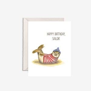 feliz aniversário, marinheiro, cartão de aniversário de foca, aniversário costeiro, cartão de aniversário do oceano, cartão de foca fofo