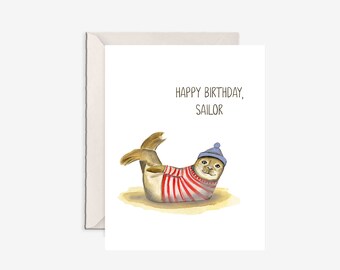 Seal Birthday Card – Happy Birthday Sailor Card – Nautical Coastal Birthday Card