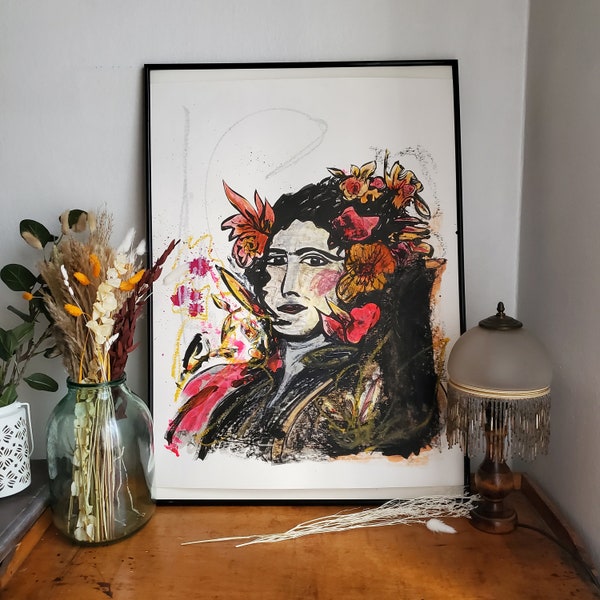 Peinture originale - Portrait femme & fleurs