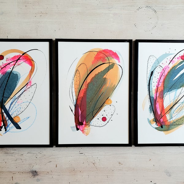 Triptyque aquarelles originales abstraites