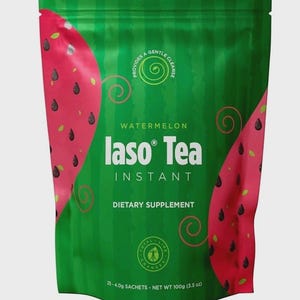 May include: A green bag of "laso Tea" instant dietary supplement. The bag features a watermelon design with red and black accents. The text "Watermelon" and "Instant" are displayed prominently. The bag contains 25 sachets, net weight 3.5 oz.