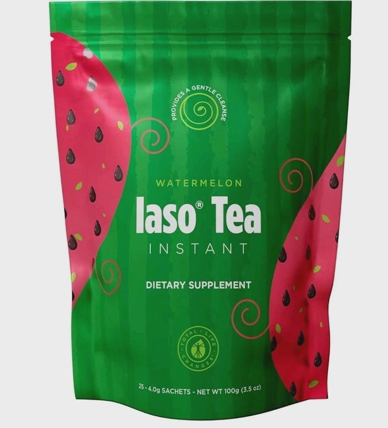 May include: A green bag of "laso Tea" instant dietary supplement. The bag features a watermelon design with red and black accents. The text "Watermelon" and "Instant" are displayed prominently. The bag contains 25 sachets, net weight 3.5 oz.