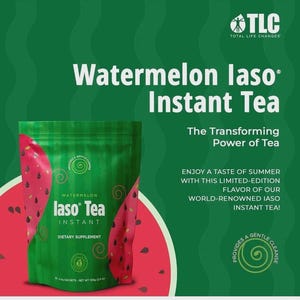 May include: A green packet of Watermelon Iaso Instant Tea with watermelon slices on the front. The text on the packet reads "Watermelon Iaso Tea Instant Dietary Supplement". The background is green with the text "The Transforming Power of Tea".