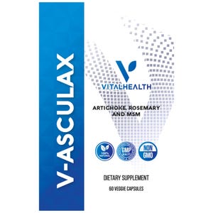 Pu&ograve; includere: Una bottiglia bianca di integratore alimentare con testo blu e bianco. L'etichetta recita "V-ASCULAX" e "VITALHEALTH" con gli ingredienti "ARTICHOKE, ROSEMARY AND MSM". Include anche "60 CAPSULE VEGETALI" e altre icone relative alla salute.