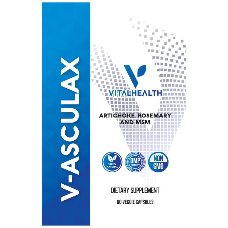 Pu&ograve; includere: Una bottiglia bianca di integratore alimentare con testo blu e bianco. L'etichetta recita "V-ASCULAX" e "VITALHEALTH" con gli ingredienti "ARTICHOKE, ROSEMARY AND MSM". Include anche "60 CAPSULE VEGETALI" e altre icone relative alla salute.