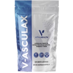 Pu&ograve; includere: Una busta bianca e blu con la scritta "V-ASCULAX" in grandi lettere verticali. La busta presenta il logo "VITALHEALTH" e testo in spagnolo, insieme a icone e le parole "SUPLEMENTO ALIMENTICIO".